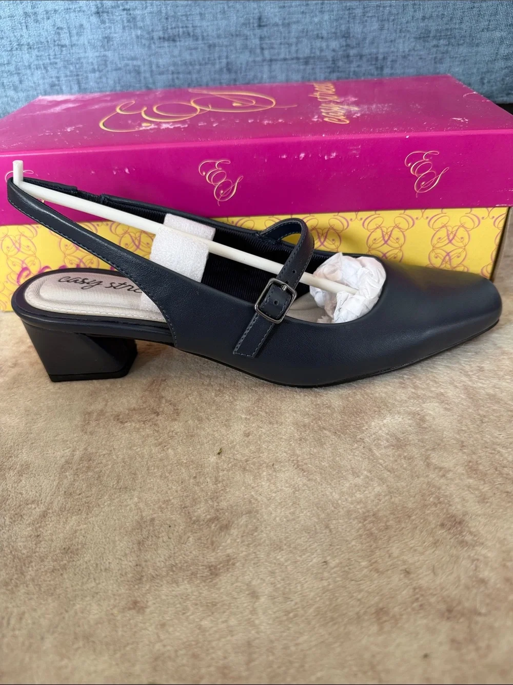 easy street Cameo Black Slingback Low Block Heel Pump with Buckle